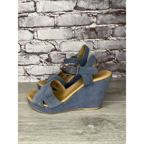 Garnet Hill Blue Suede Leather Wedge Ankle Strap Sandals Women Sz 9M US/40EU - Picture 1 of 16